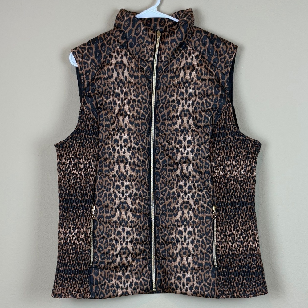 Marc New York Black/Brown/Tan Animal Leopard Print  Zipper Front Quilted Vest